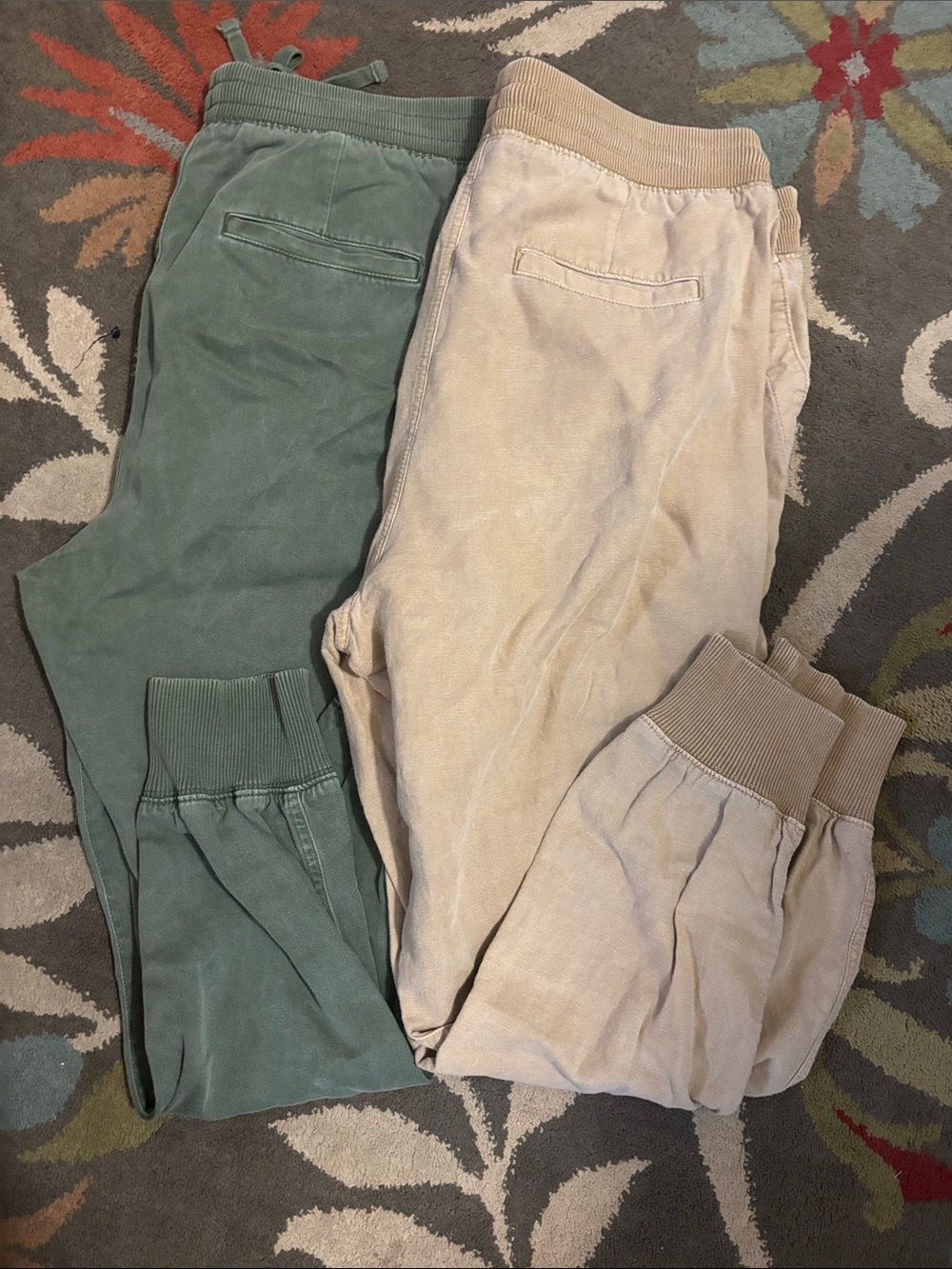 Two Cozy Velour Joggers in Sage Green and Beige